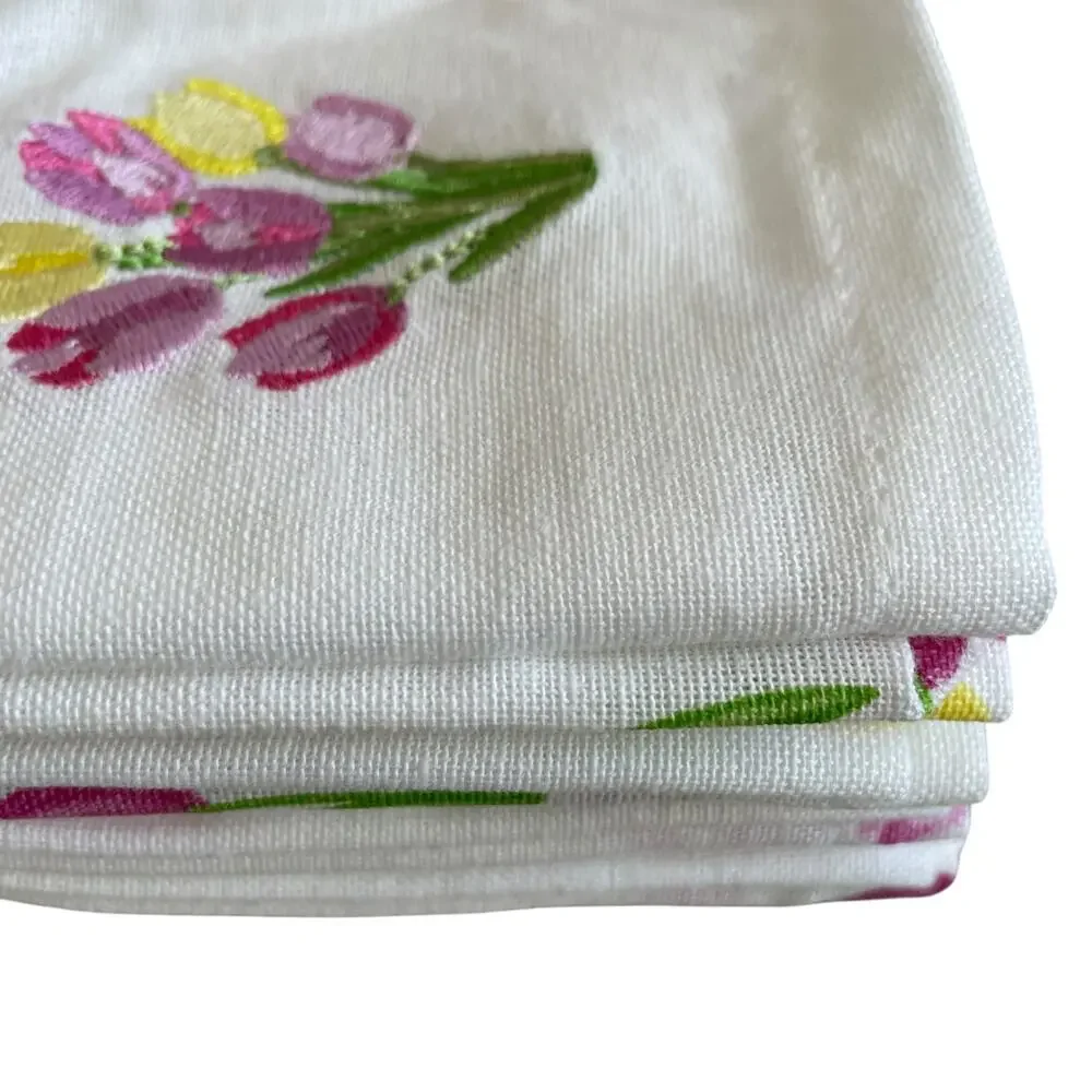 8pc Rachel Ashwell THE FARMHOUSE Cotton Napkins 18x18 Embroidered Tulips New